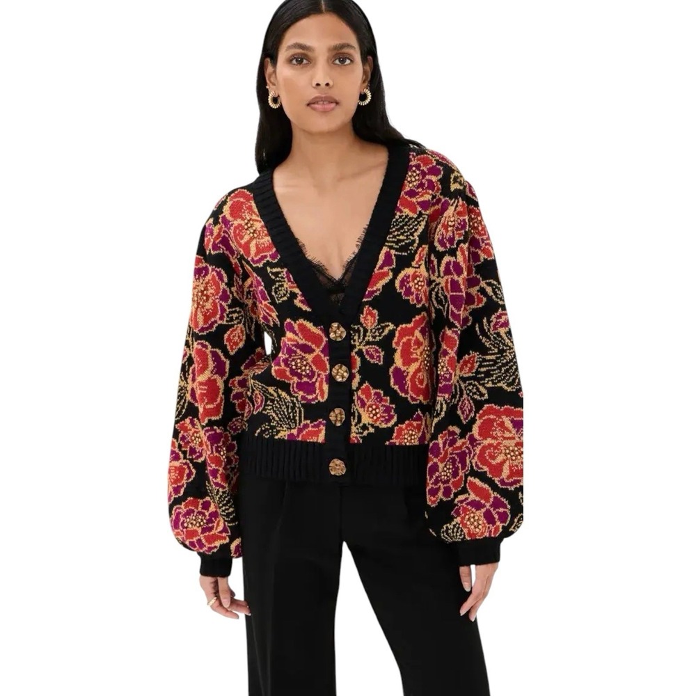 FARM Rio Shiny Chita Knit Cardigan Floral Beaded Gold Button XS
